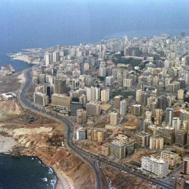 An aerial view of Moslem-occupied West Beirut and the Mediterranean shoreline. Buildings throughout the city have been damaged by shelling during ongoing confrontation between Israeli forces and the Palestine Liberation Organization.
